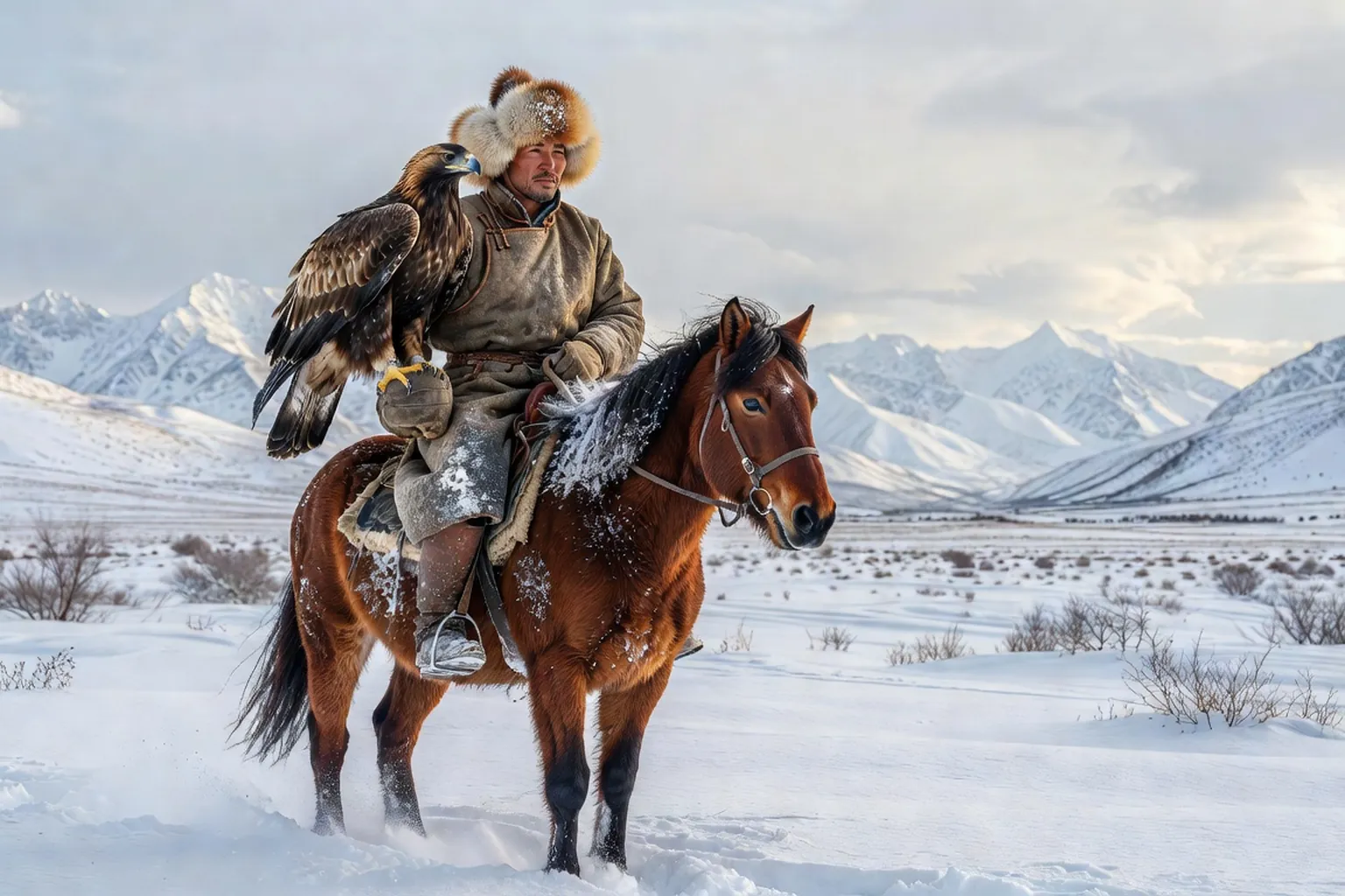 Chasseur kazakh a cheval tenant son aigle royal dans l'Altai mongol