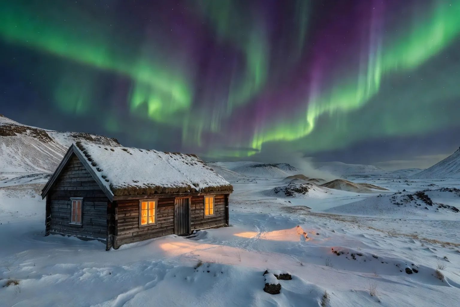 Maison traditionnelle islandaise en bois rouge sous les aurores boréales en hiver