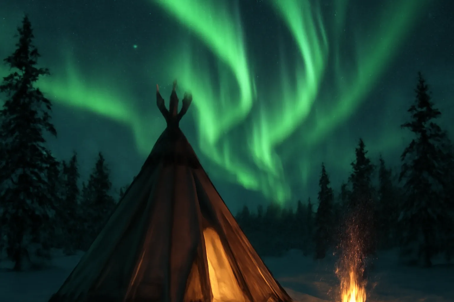 Campement sous aurore boreale avec traces de pas dans la neige