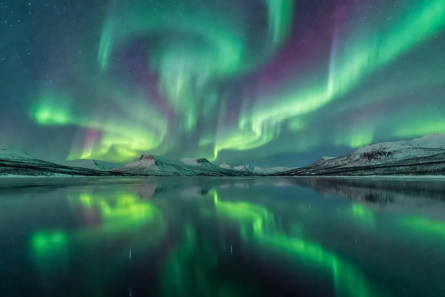Aurores boréales vertes au-dessus du lac gelé Torneträsk à Abisko en Laponie suédoise
