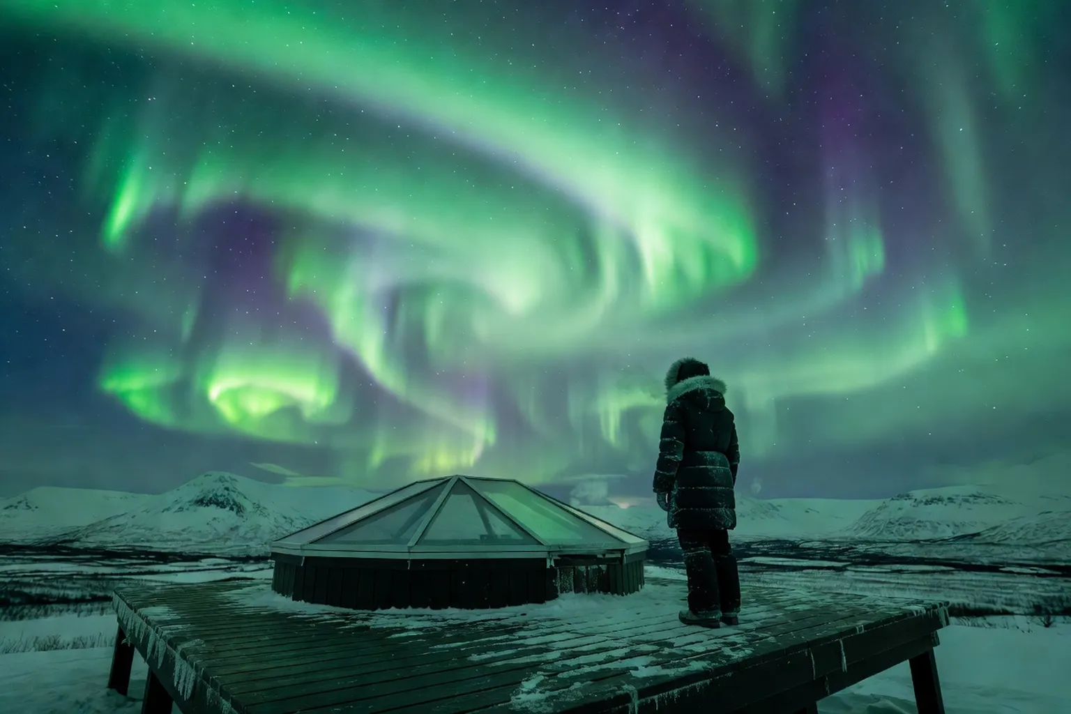 Téléphérique Linbana montant vers Aurora Sky Station sur le mont Nuolja sous un ciel étoilé en hiver