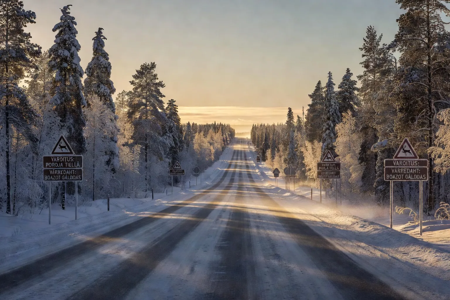 Voiture de location équipée de pneus cloutés sur la route E75 enneigée entre Sodankylä et Inari