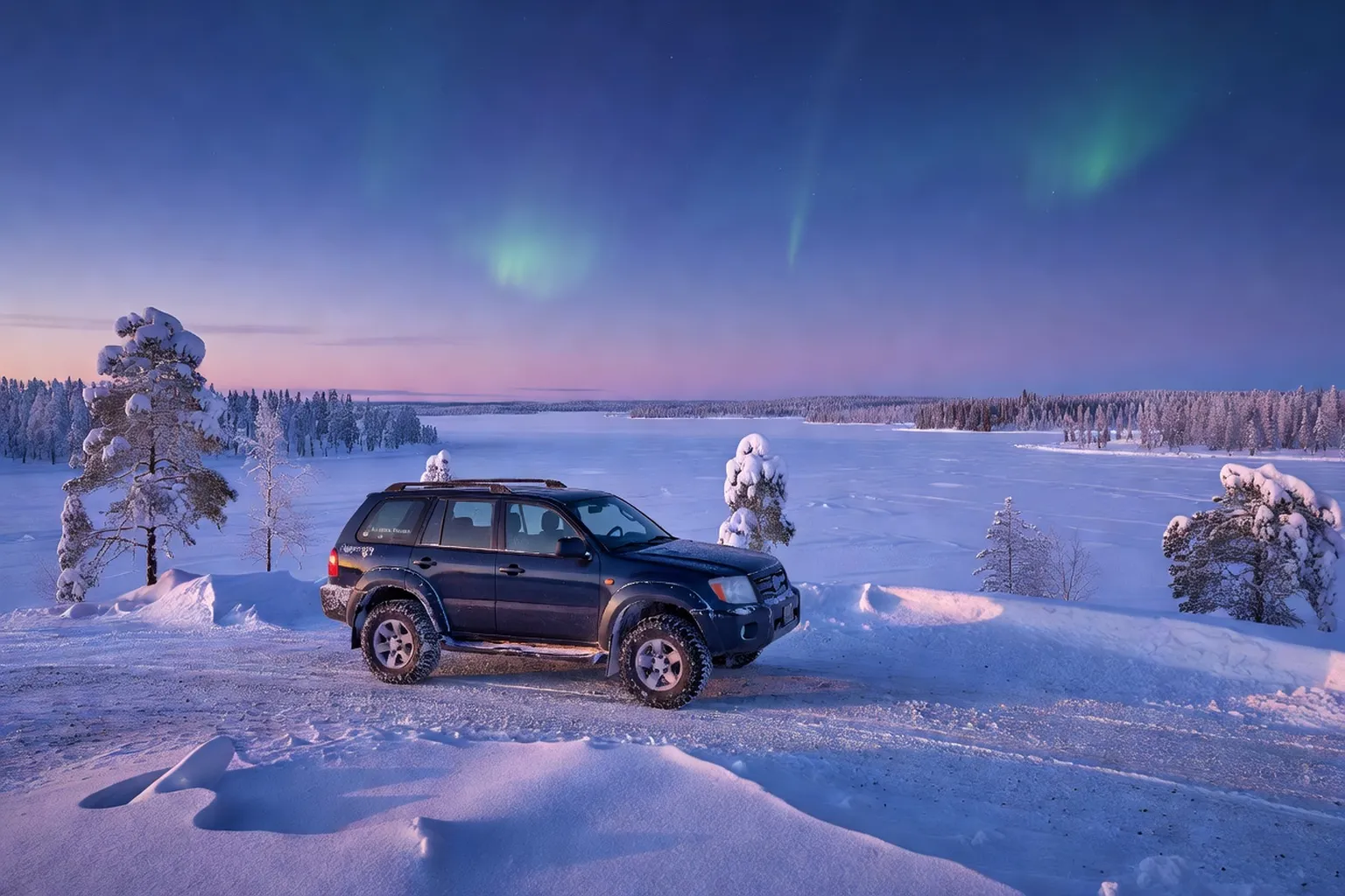 Station-service isolée le long de la route arctique en Laponie finlandaise, parking préchauffage moteur