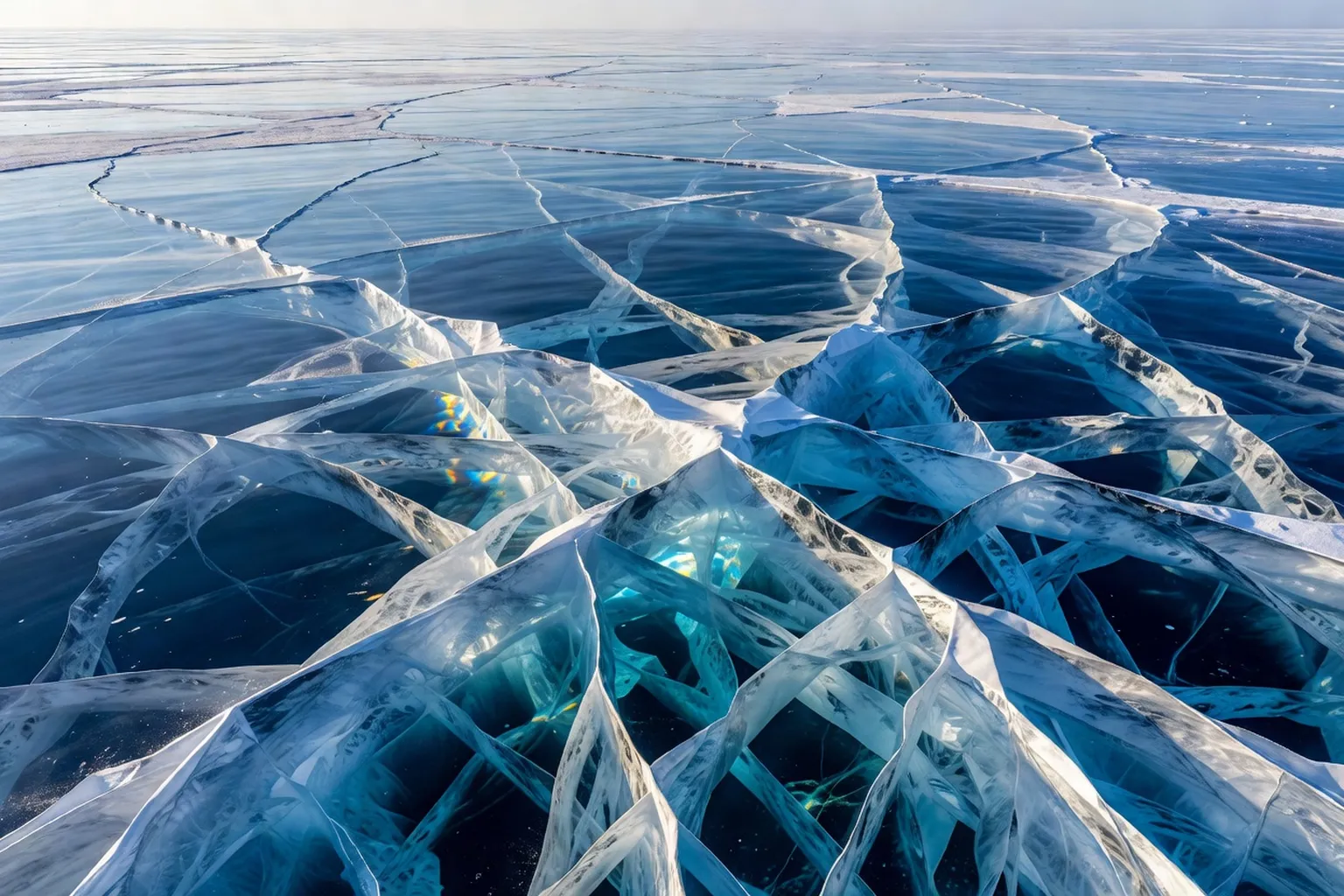 Surface gelée du lac Baikal en hiver, fissures bleutées sous le soleil bas