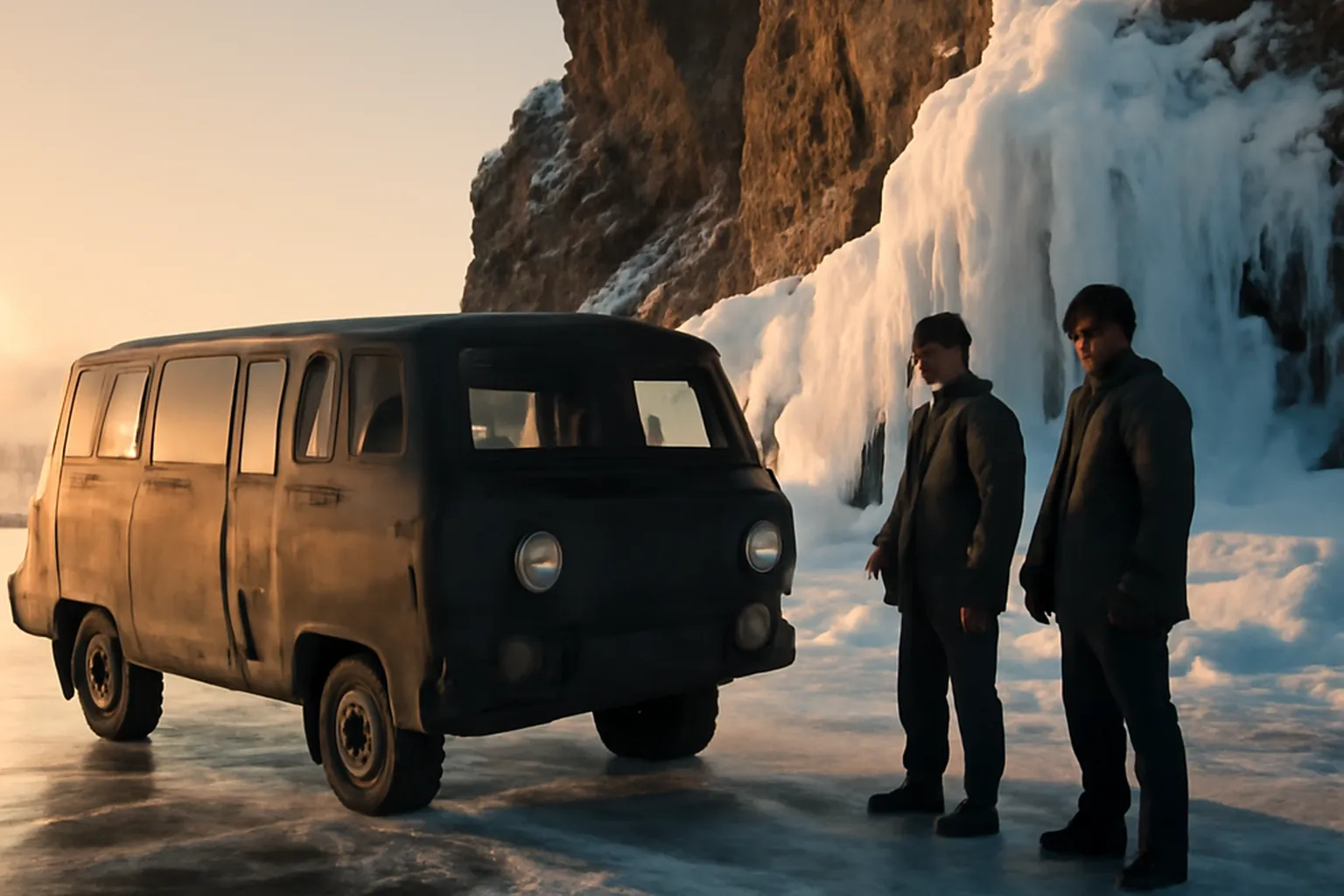 Vehicule UAZ russe sur la glace du lac Baikal pres de l'ile d'Olkhon