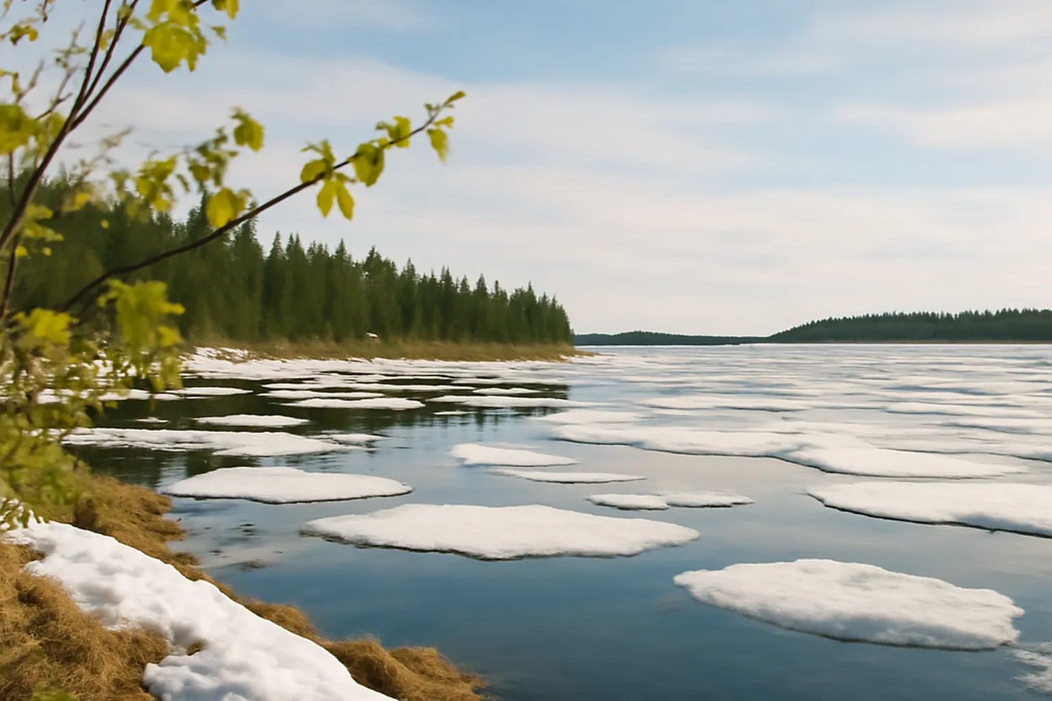 Paysage lapon en kevat-talvi avec neige et soleil de printemps bas