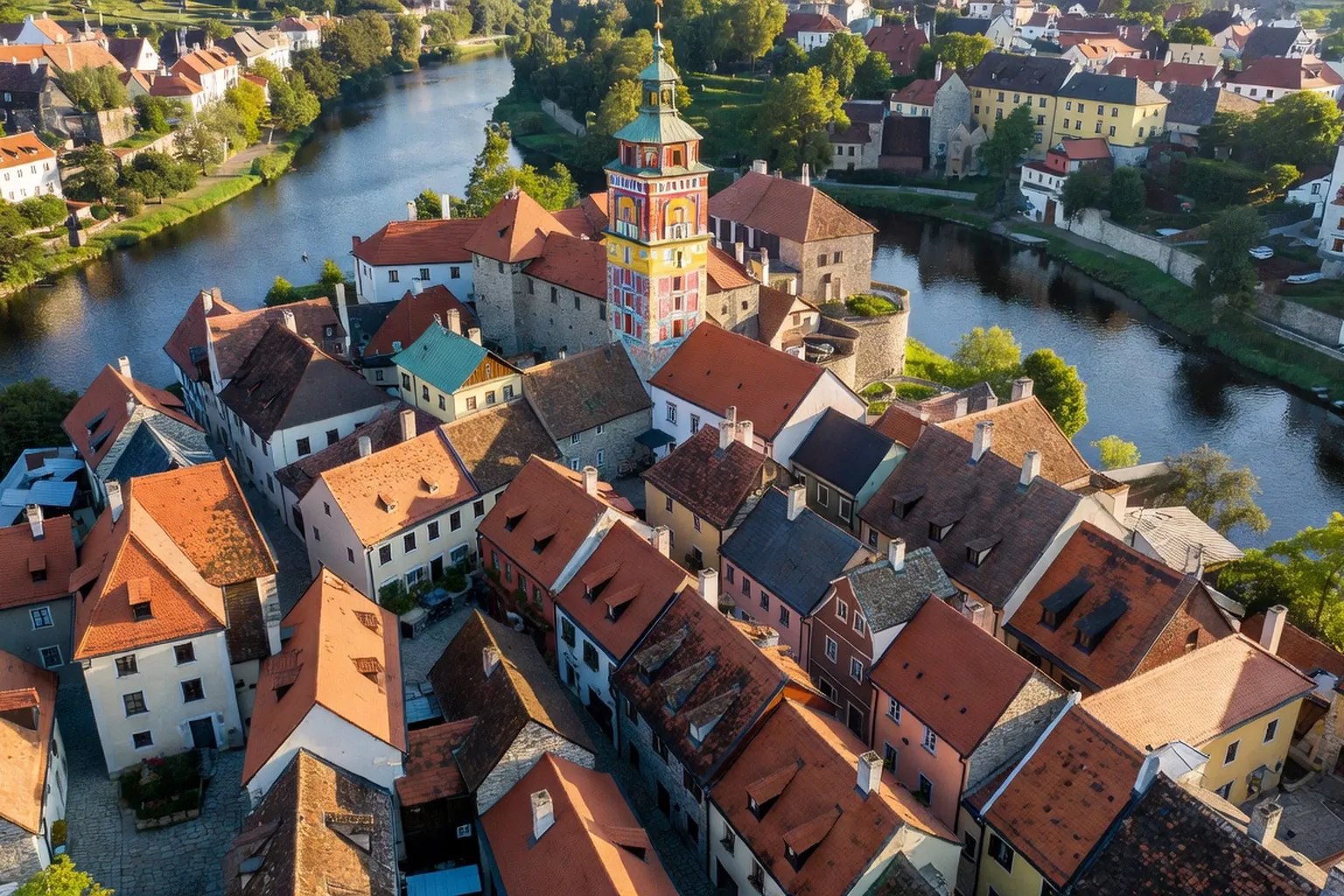 Vue de Cesky Krumlov avec chateau et riviere Vltava