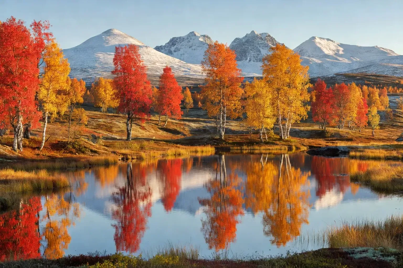 Paysage de Laponie en septembre avec couleurs flamboyantes du ruska automnal