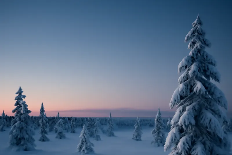 Forêt d'épicéas enneigés de Laponie sous le crépuscule polaire, bande de lueur rose sur l'horizon et ciel bleu profond