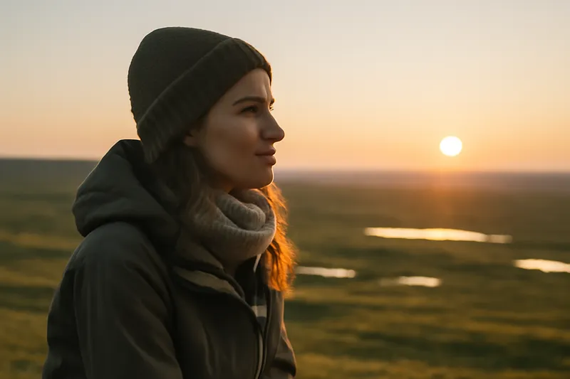 Randonneuse assise sur un rocher face au soleil de minuit sur un plateau du nord de la Laponie en juin
