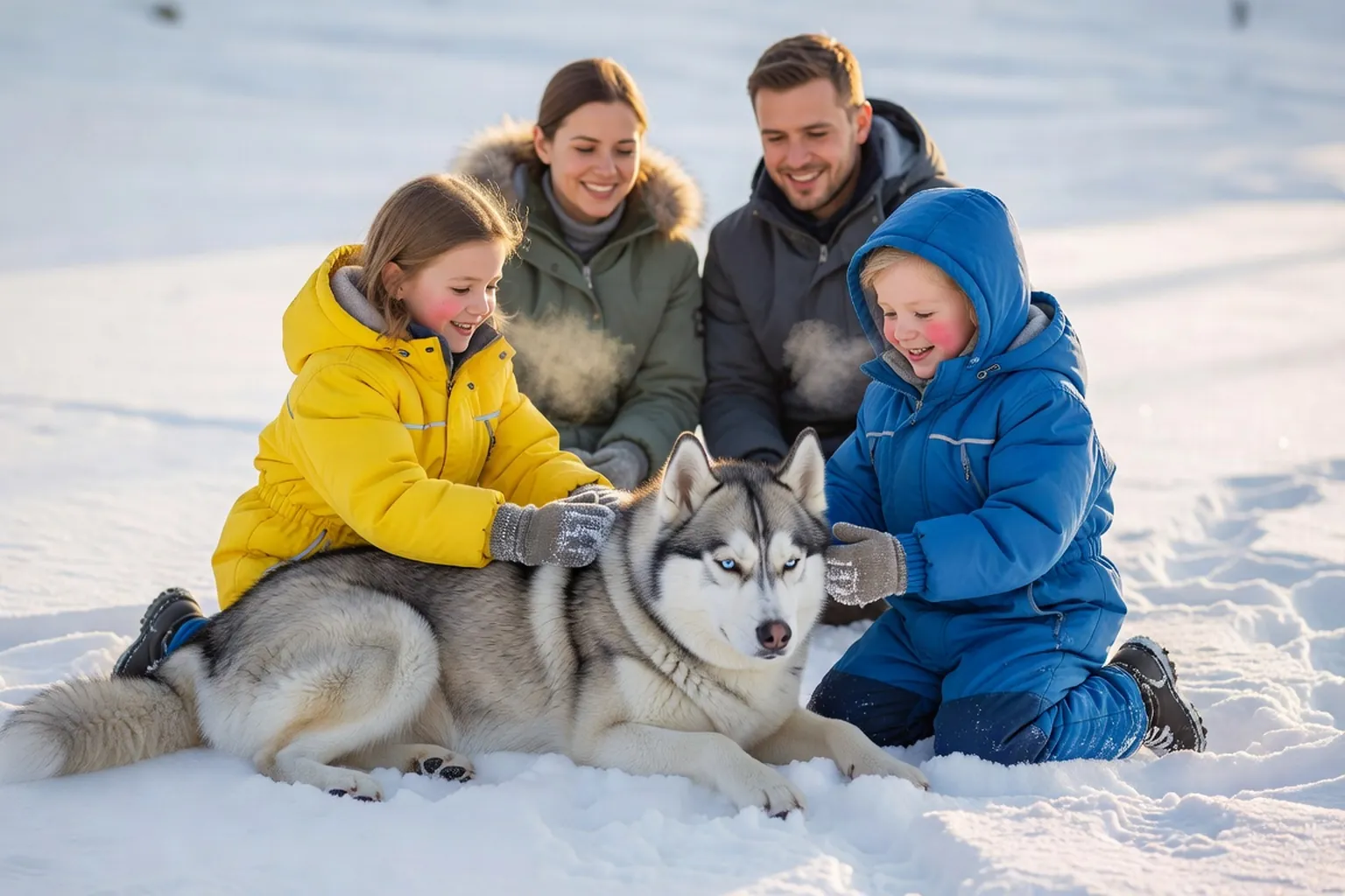 Enfants caressant des chiens huskies dans une ferme en Laponie
