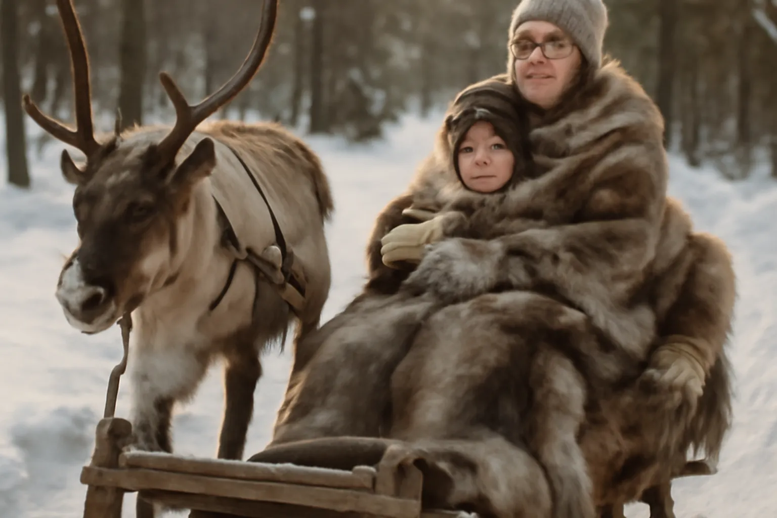 Traineau de rennes avec une famille en visite dans une ferme Sami