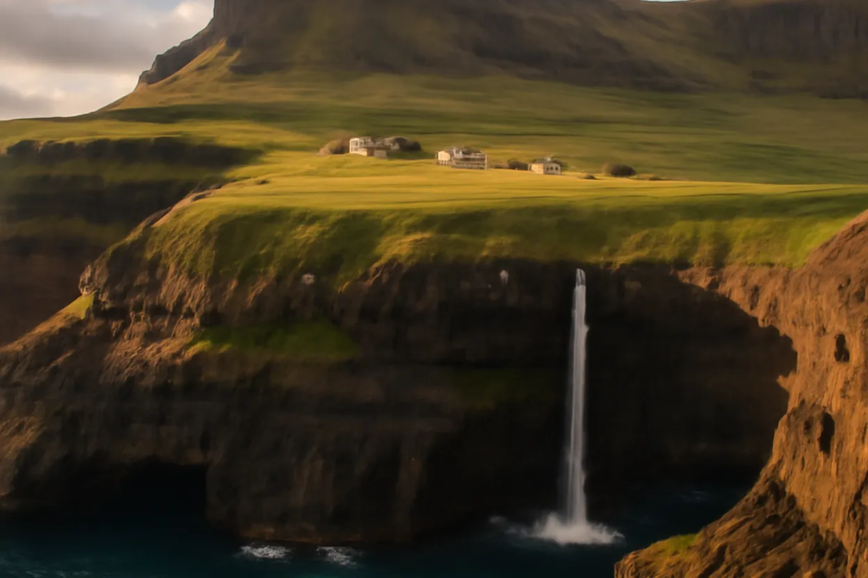 Cascade de Múlafossur tombant directement dans l’océan Atlantique avec village en arrière-plan