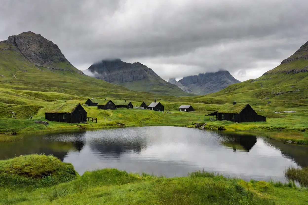 Village traditionnel féroïen aux toits d’herbe dans une vallée verdoyante