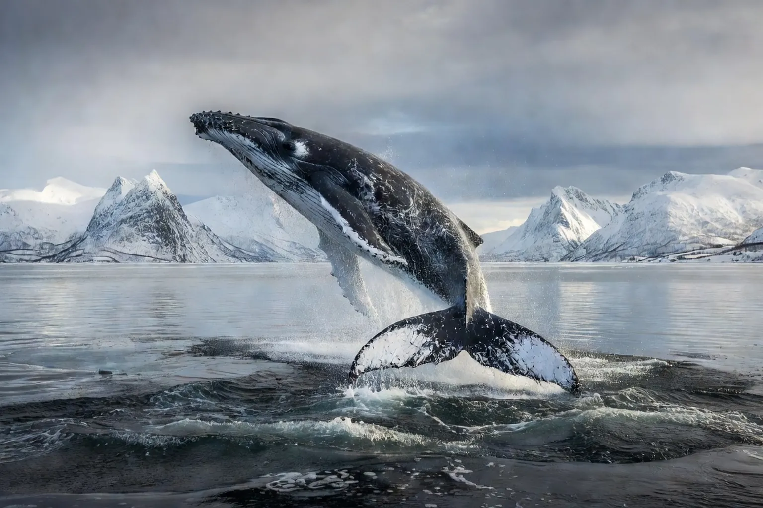 Baleine a bosse emergeant dans un fjord arctique norvegien