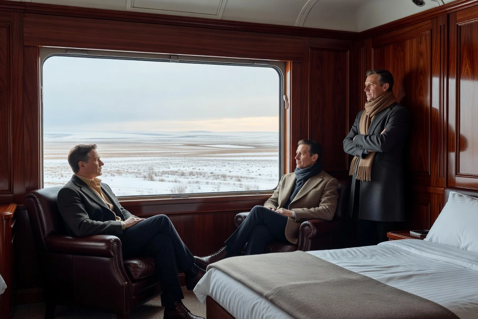 Trois voyageurs en costume contemplant la steppe enneigée depuis la baie vitrée d'une cabine suite en acajou