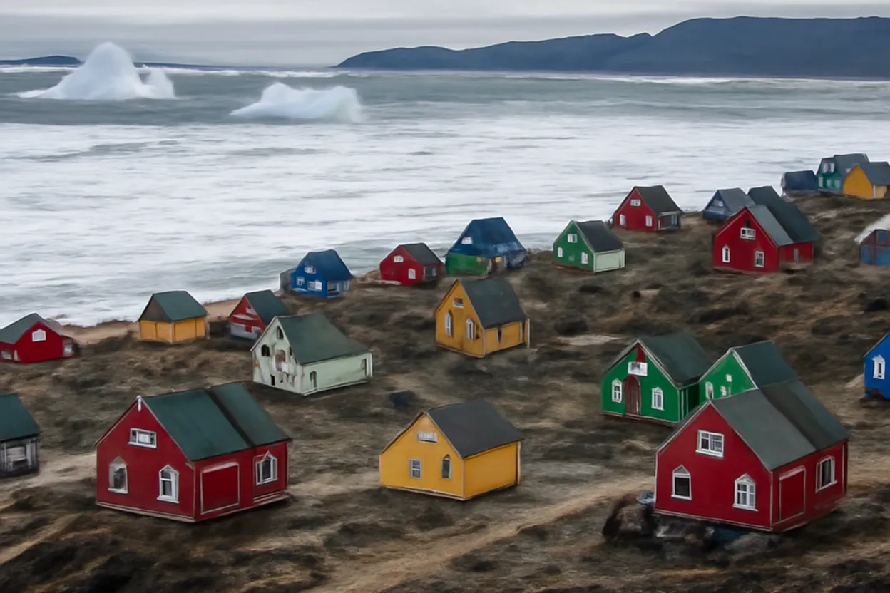 Village isolé d’Ittoqqortoormiit avec maisons colorées sur la côte du Groenland de l’Est