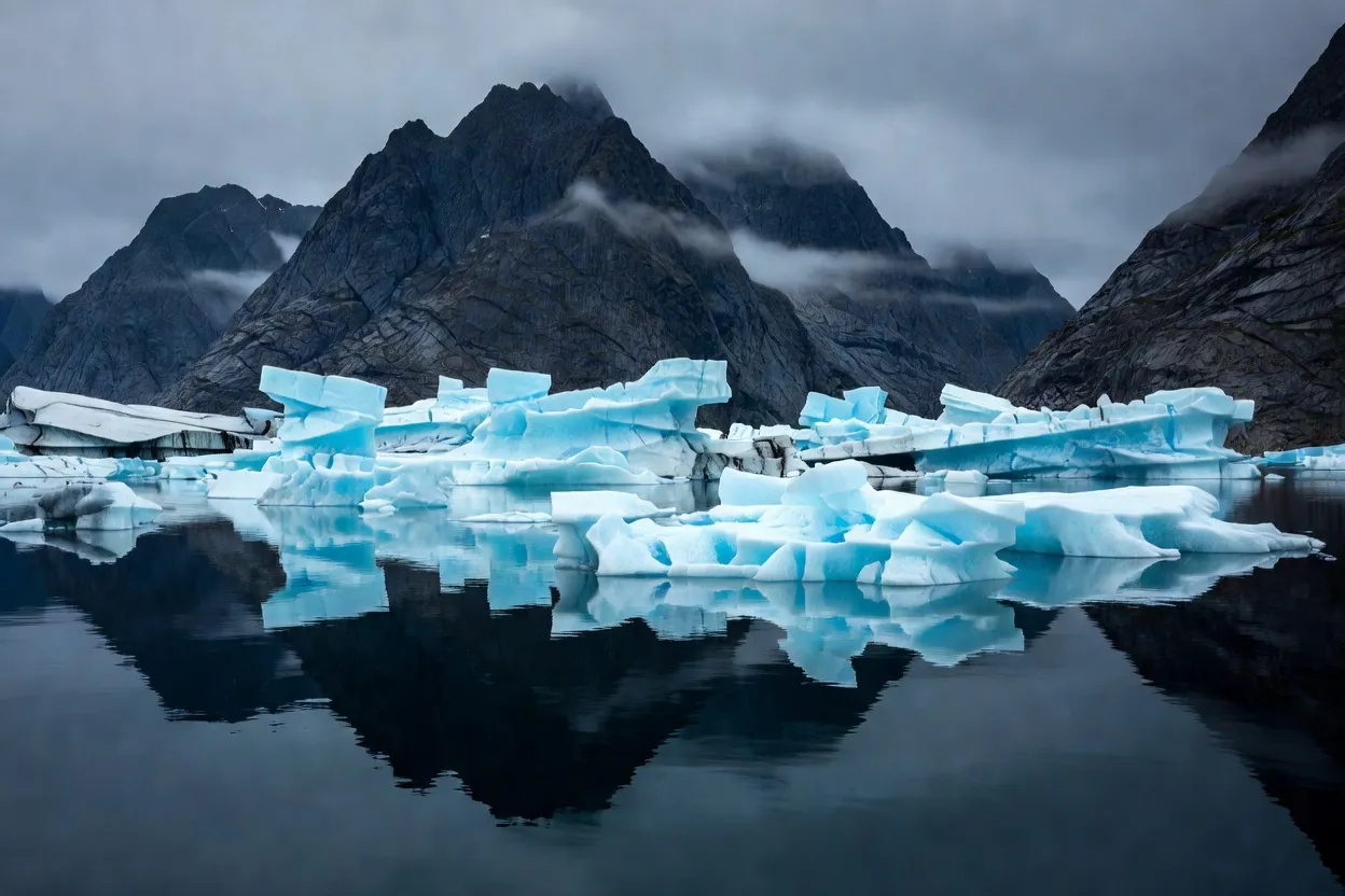 Fjord immense de Scoresbysund avec icebergs et montagnes du Groenland de l’Est