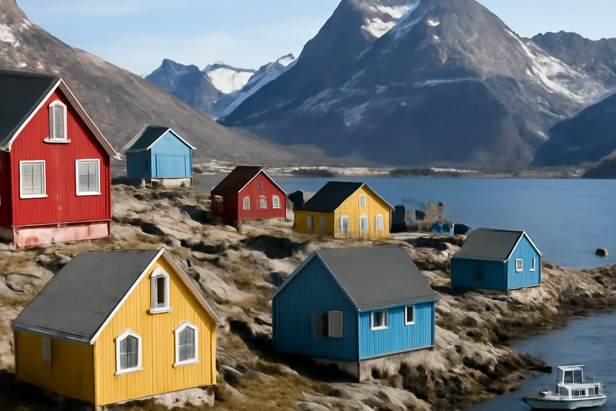 Village inuit coloré en bordure du fjord glacé au Groenland