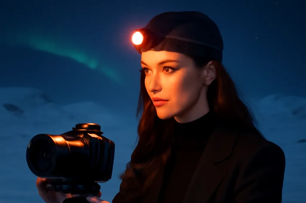Guide ajustant un appareil photo sur trepied de nuit avec lampe frontale rouge