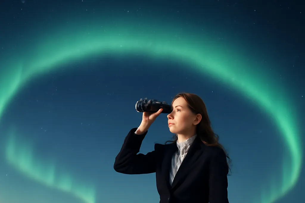 Femme observant une aurore boreale aux jumelles sous un arc auroral complet