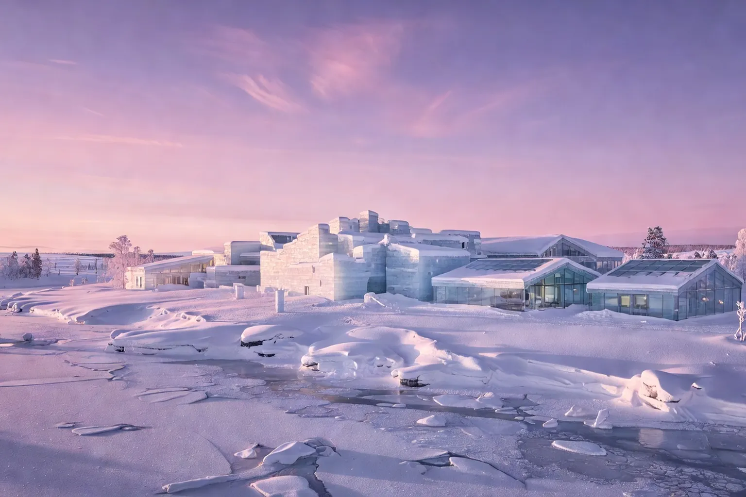 Vue aérienne de l'Icehotel Jukkasjärvi en Laponie suédoise au lever du jour