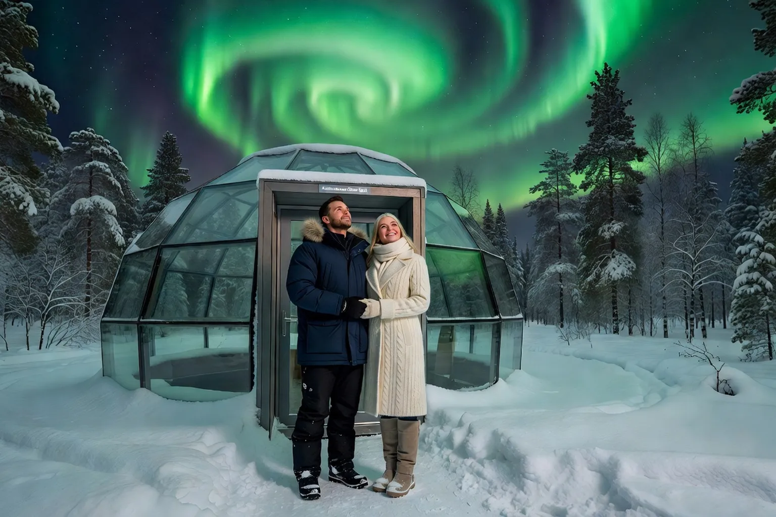 Couple devant l'entrée d'un igloo de verre Kakslauttanen sous les aurores boréales vertes