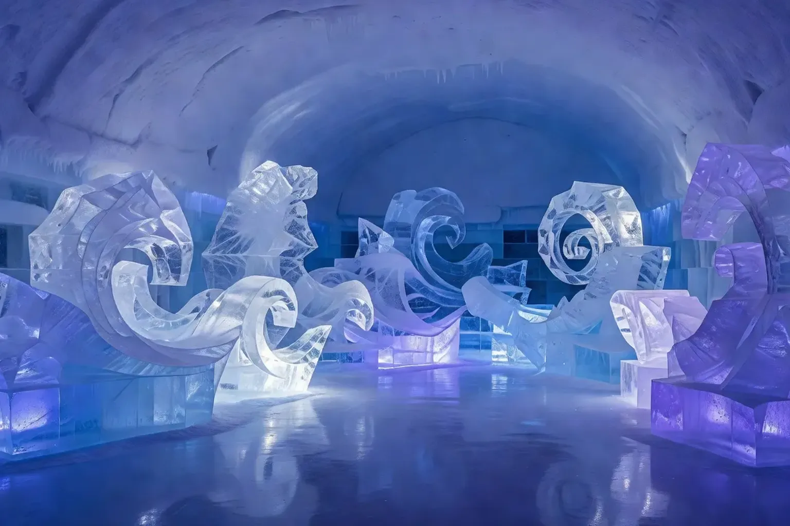 Sculpture de glace dans une chambre d'hotel de glace en Laponie suédoise