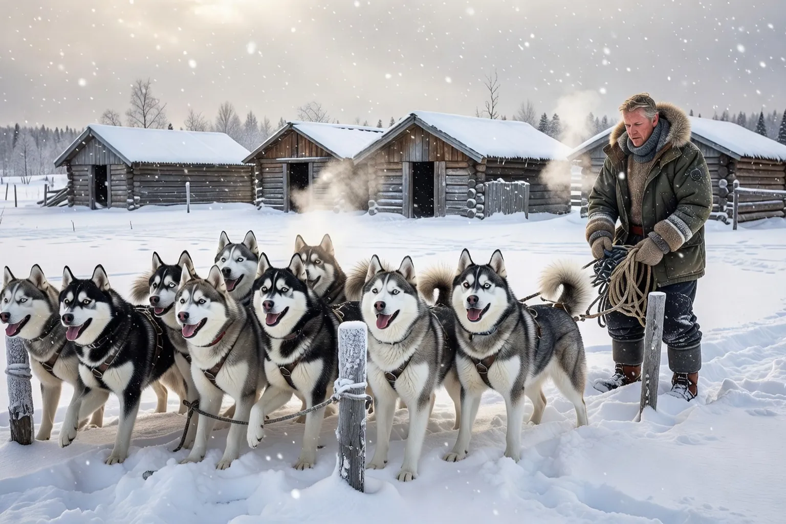 Chiens huskies attaches a un traineau pret au depart dans la foret de Laponie