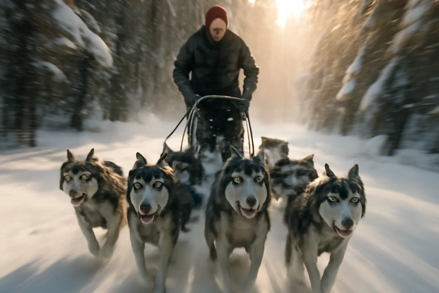 Musher conduisant un traineau a chiens dans la foret enneigee de Laponie au coucher de soleil