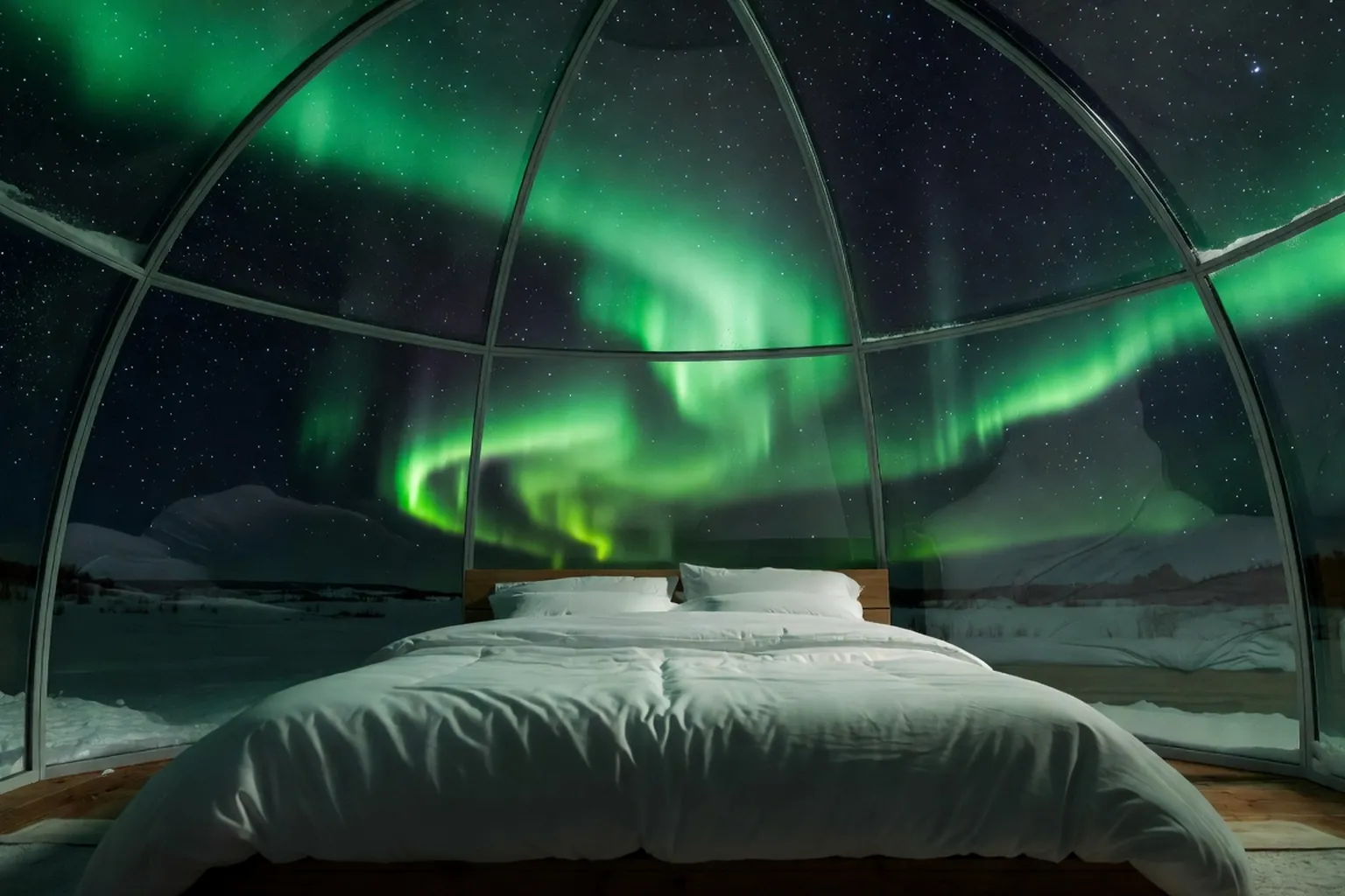 Interieur d'un igloo de verre avec lit oriente vers le ciel etoile