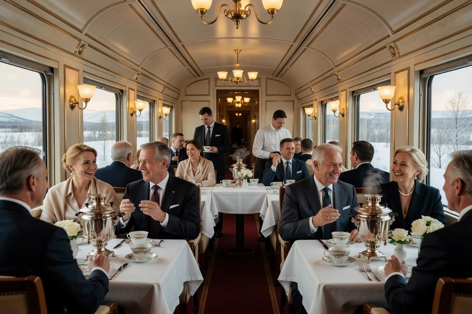 Voyageurs en tenue de soirée attablés dans un wagon-salon de style russe, samovars et service du thé