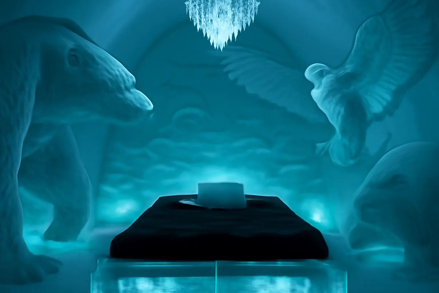 Interieur d'une suite d'art sculptee a l'Icehotel de Jukkasjarvi