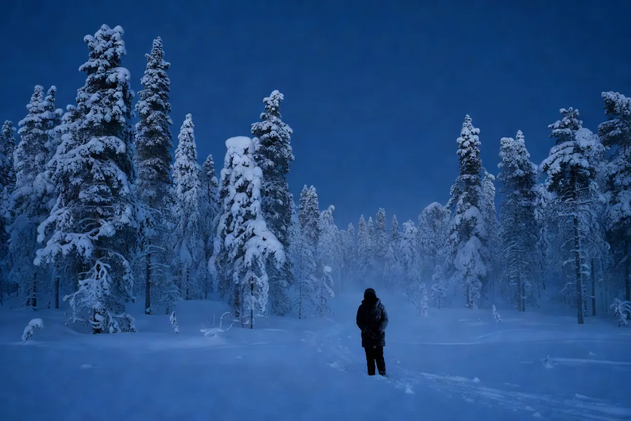 Silhouette d'une personne dans le crépuscule bleu polaire du kaamos, forêt enneigée en Laponie