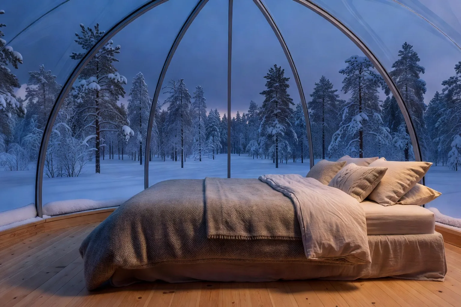 Interieur d'un igloo de verre a Kakslauttanen avec lit oriente vers le ciel