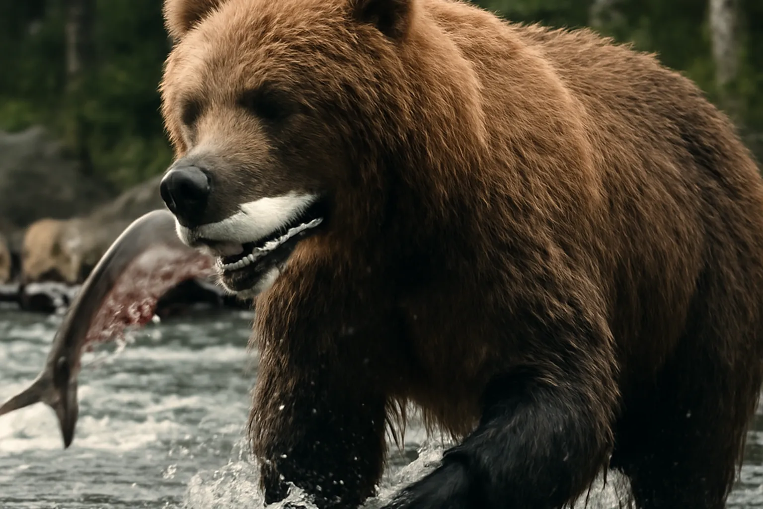 Ours brun du Kamchatka capturant un saumon dans une cascade