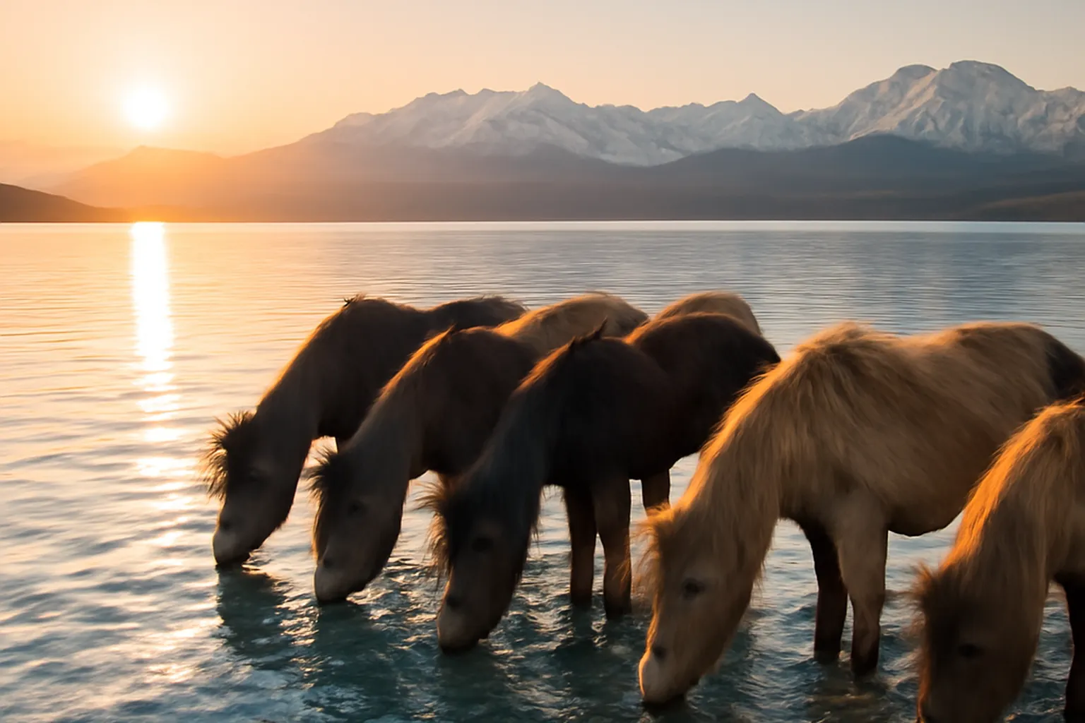 Chevaux mongols pres de la rive du lac Khovsgol