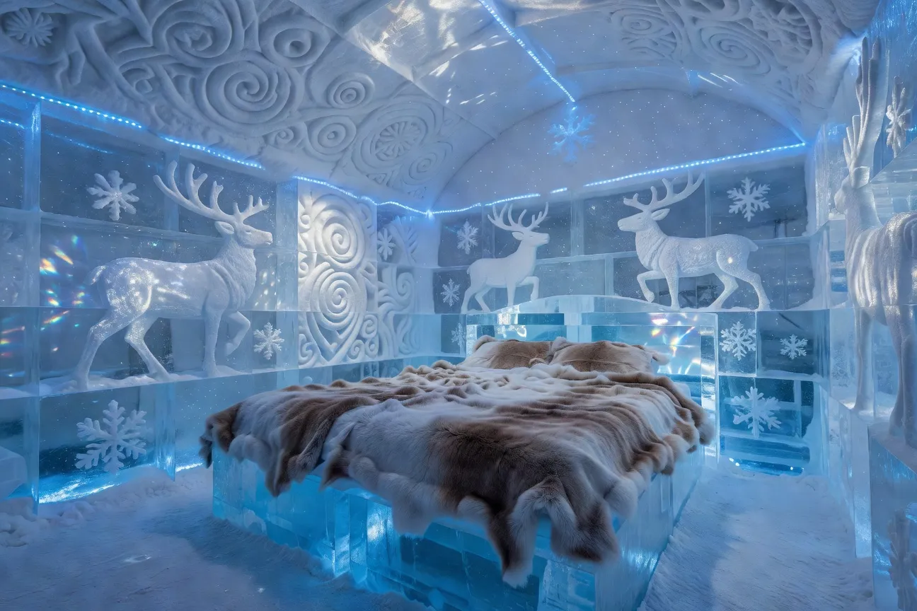 Suite intérieure de l'IceHotel avec sculptures de glace et éclairage LED bleuté