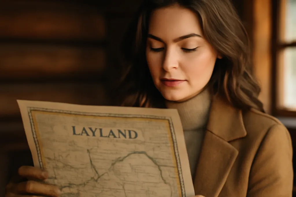Femme lisant une carte ancienne de Laponie dans un intérieur chaleureux en bois