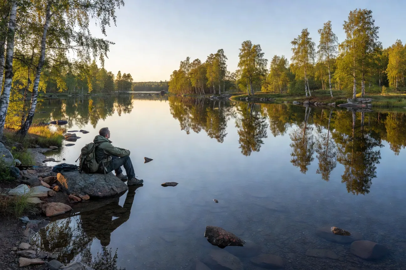 Lac arctique finlandais en été avec reflets de la forêt de bouleaux sous la lumière de minuit