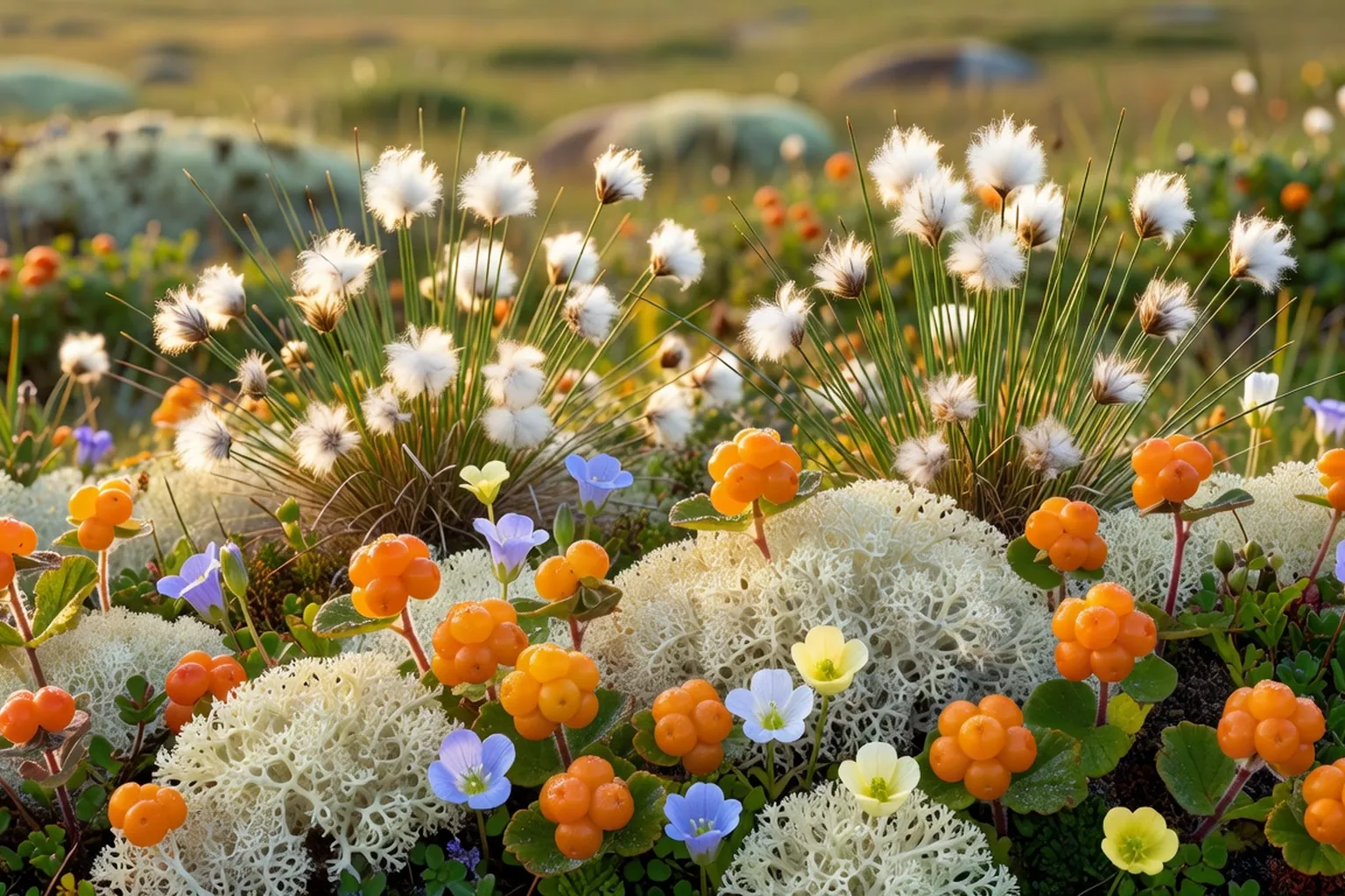 Lande arctique en fleur en juin en Laponie, cotonniers et cassiope