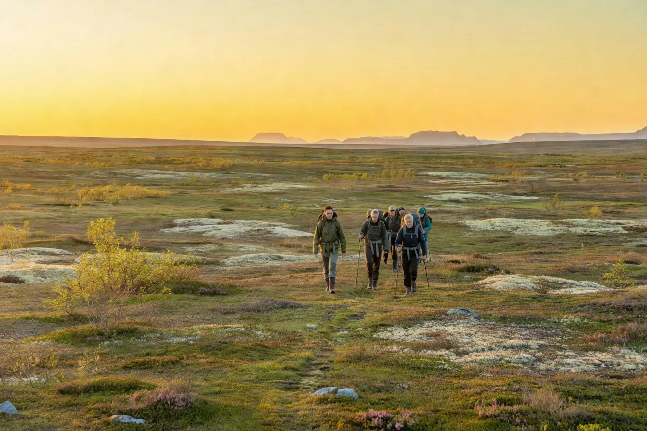 Randonneurs sous le soleil de minuit dans la toundra lapone, horizon doré sans fin