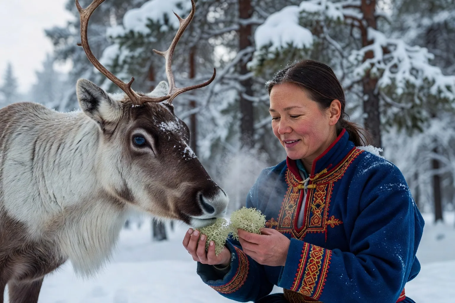 Eleveur Sami en vetement traditionnel avec son troupeau de rennes