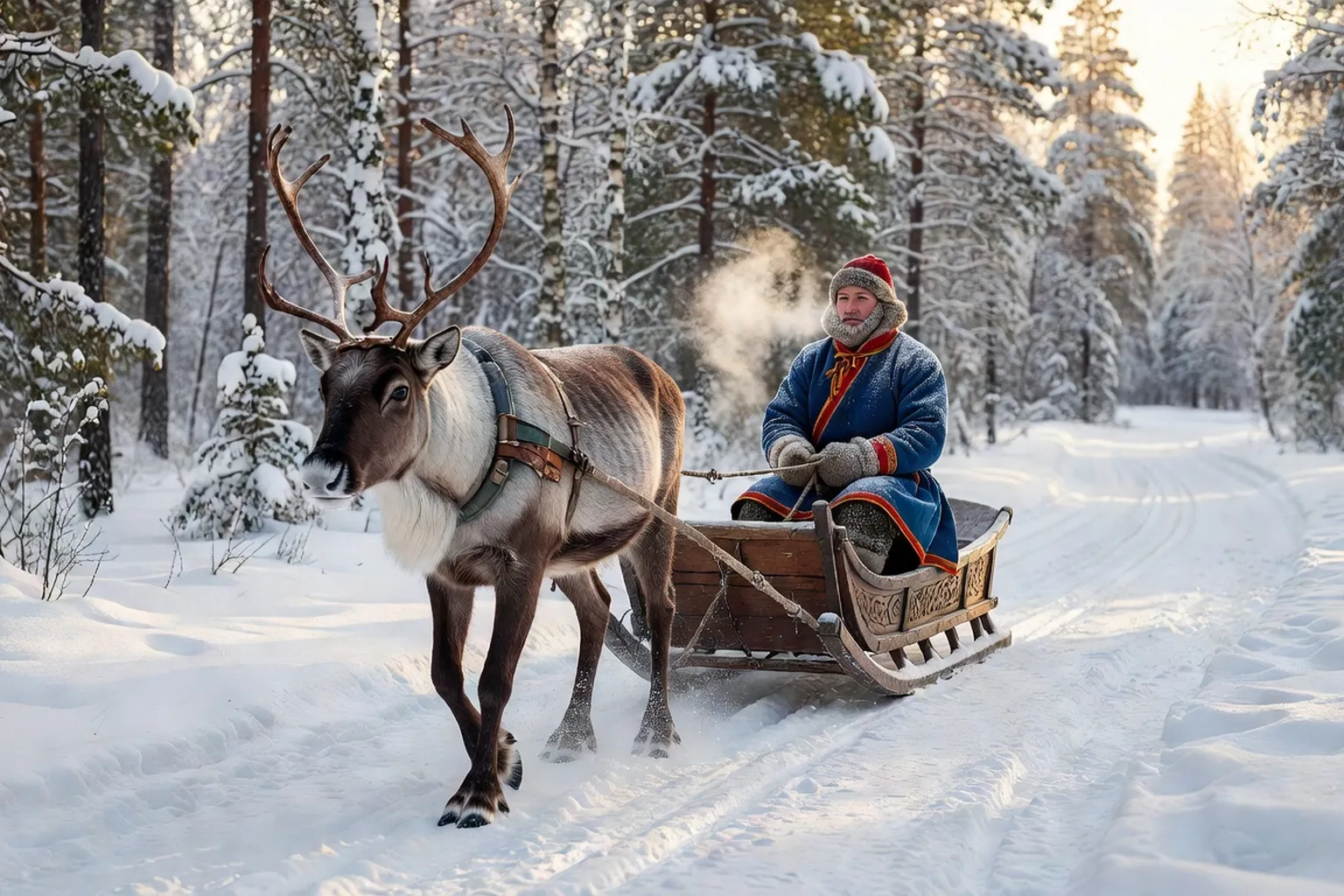 Traineau de rennes dans la foret enneigee de Laponie finlandaise