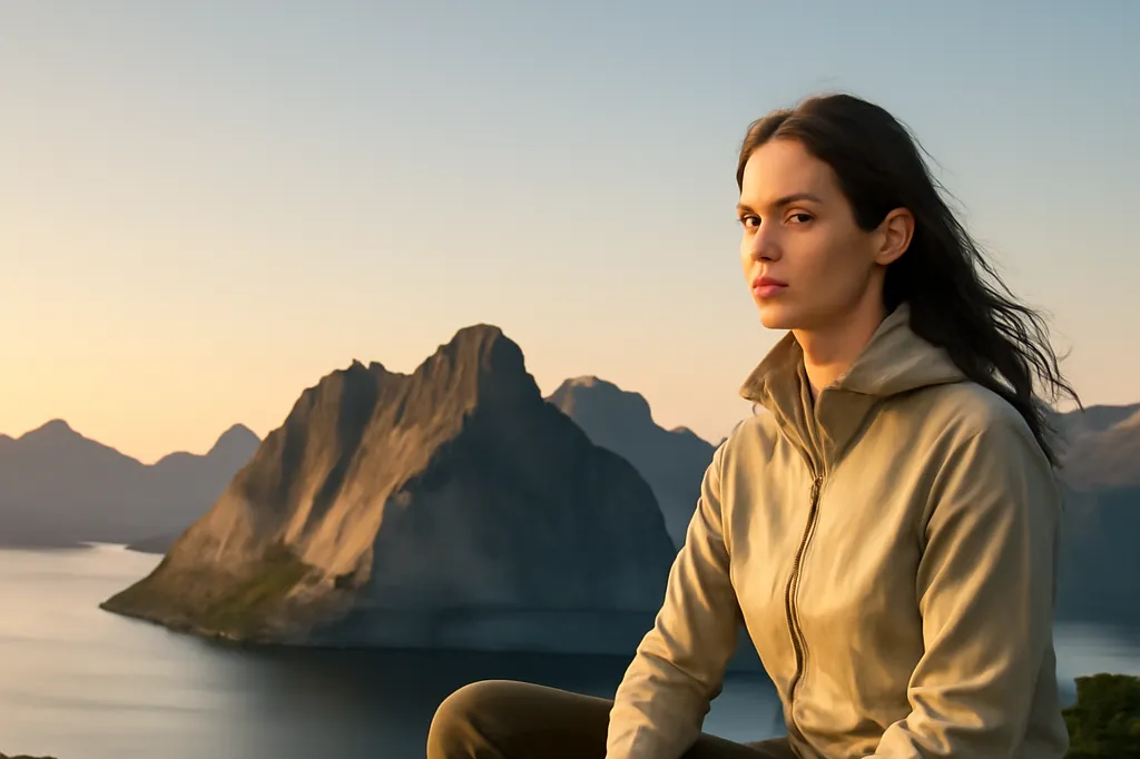 Femme assise sur un sommet rocheux surplombant un fjord des Lofoten a l'heure doree