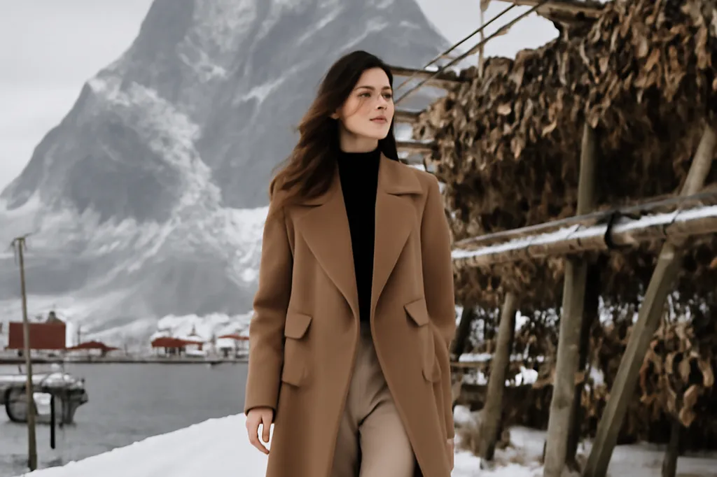 Femme marchant pres d'un port des Lofoten avec claies de stockfish et montagnes enneigees