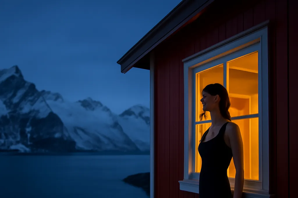 Silhouette de femme a la fenetre eclairee d'un rorbu face aux montagnes des Lofoten au crepuscule
