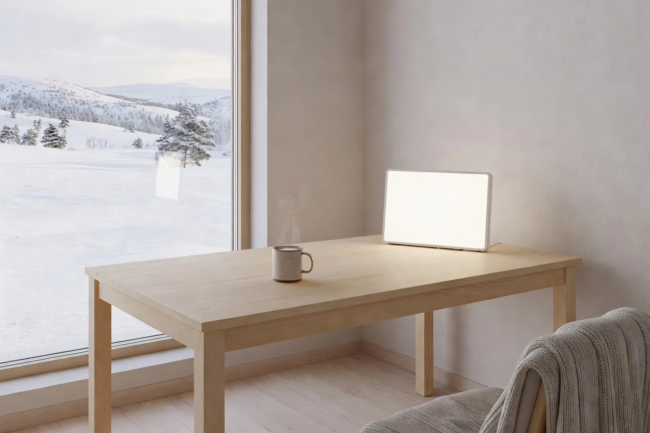 Lampe de luminothérapie sur un bureau scandinave minimaliste avec vue sur paysage enneigé