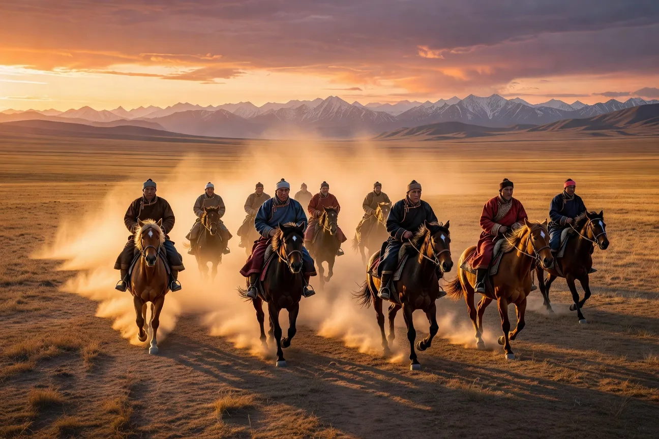 Cavaliers mongols au galop dans la steppe dorée au coucher du soleil, nuage de poussière
