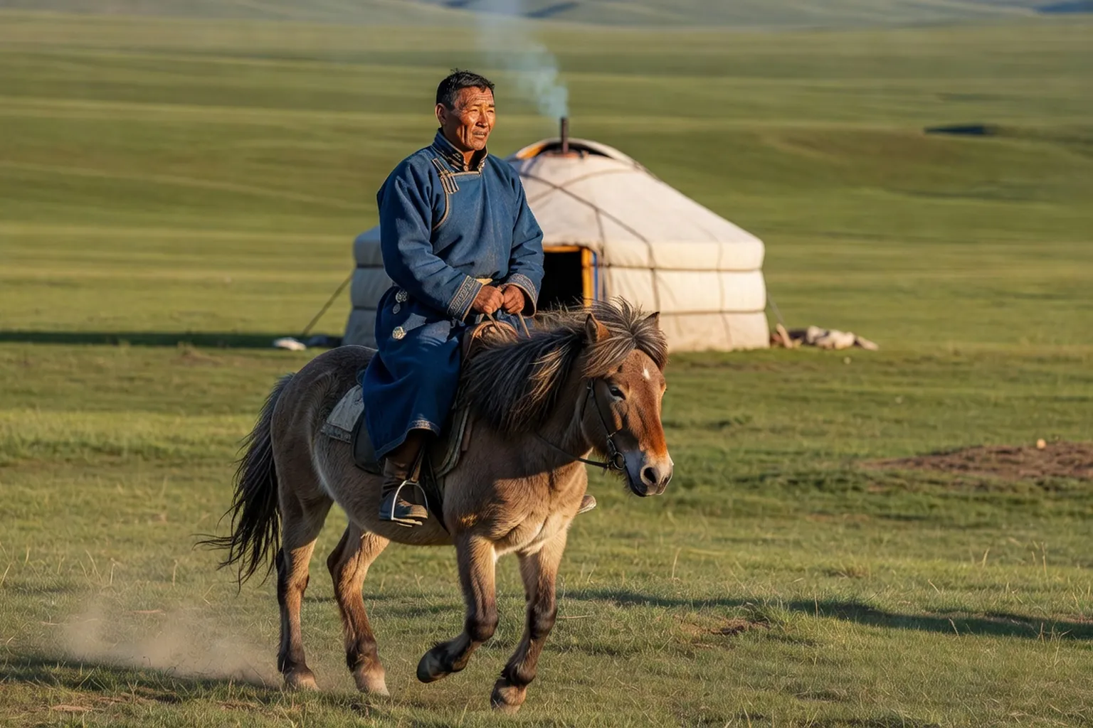 Yourte mongole blanche avec chevaux au paturage dans la steppe centrale